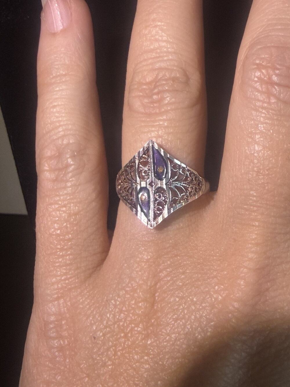 Vintage 925 Sterling Silver Purple Enamel Filigree Diamond Shield Ring Turkey